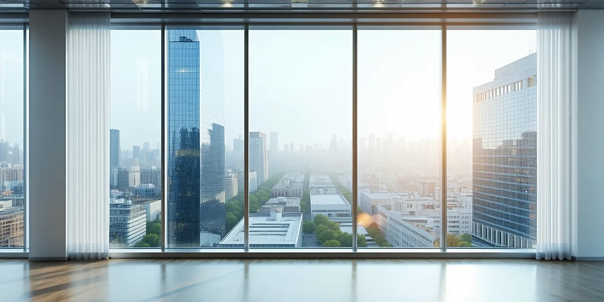 Interior view of a modern New York financial district office with clean workspace and city views