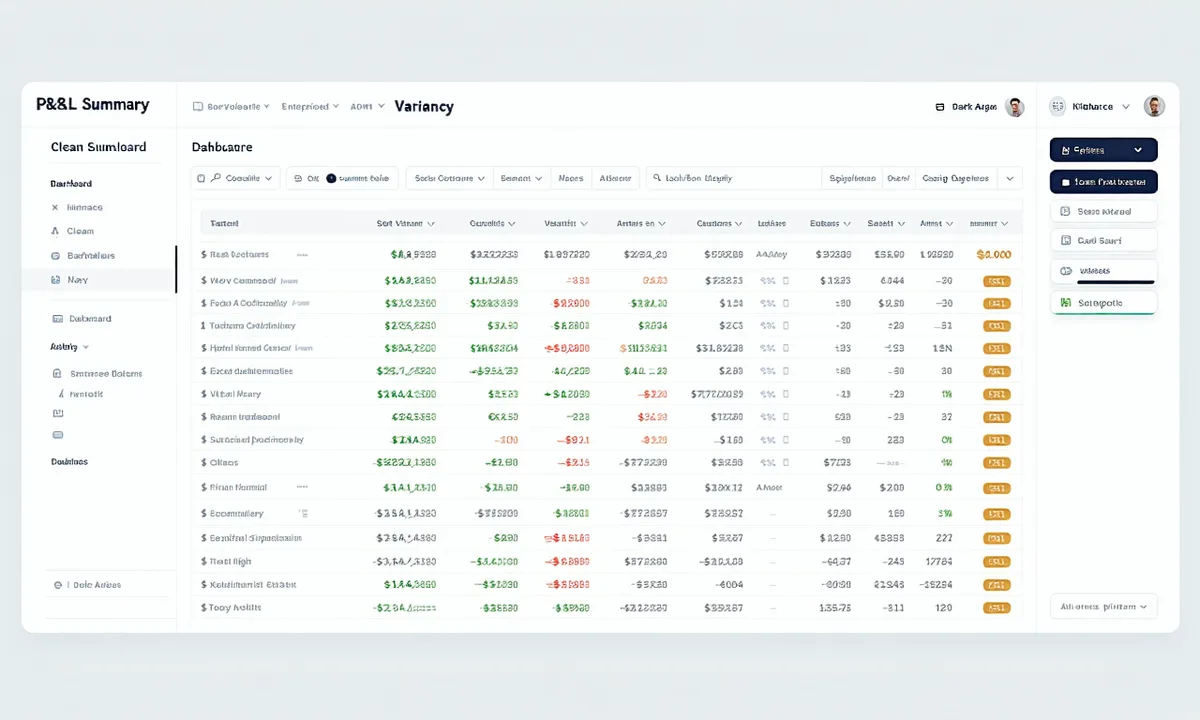 Finwren dashboard showing a financial statement with variance analysis highlighted in amber, identifying the key driver and the line to investigate